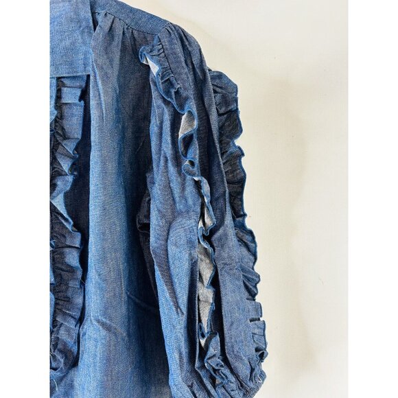 VTG 80s Frilly Ruffled Denim Jean Button Blouse Shirt USA Western - Picture 2 of 9
